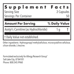 Allergy Research Group Acetyl-L-Carnitine 500mg capsules closeup free-form amino acid benefits.