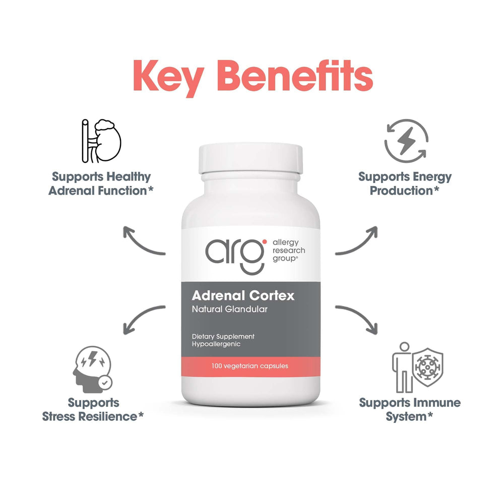 Allergy Research Group Adrenal Cortex bottle pour, showing easy dosing for daily wellness.