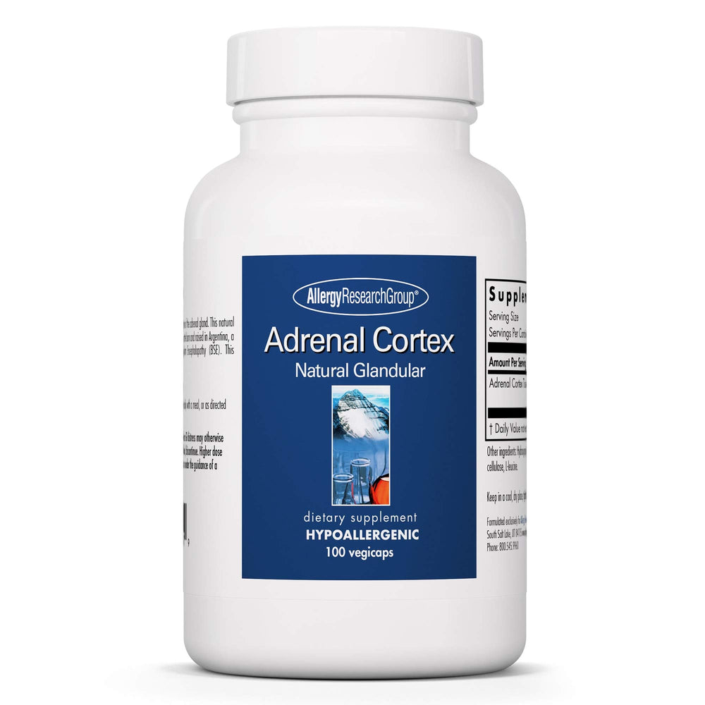 Allergy Research Group Adrenal Cortex bottle with label, highlighting adrenal support potential.