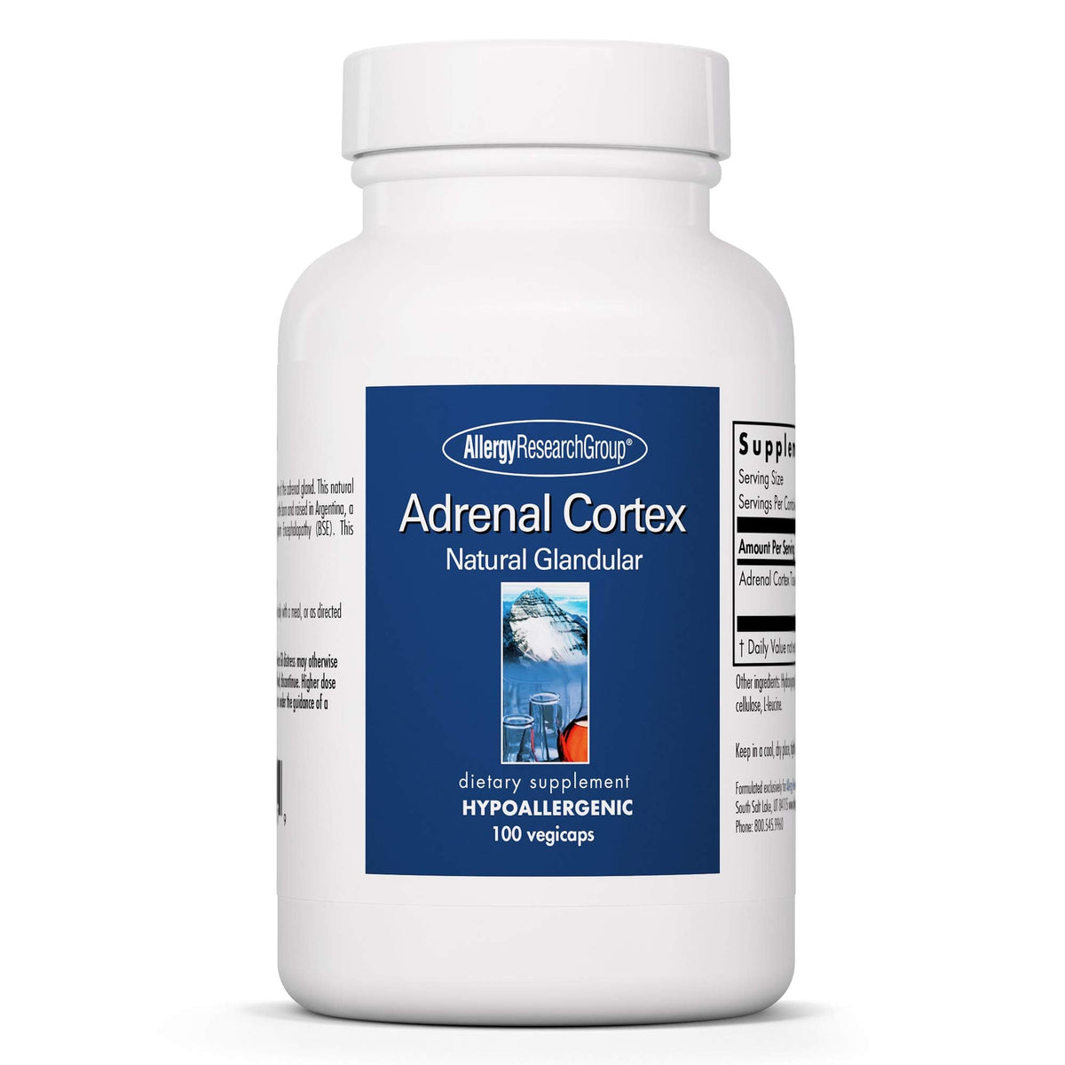Allergy Research Group Adrenal Cortex bottle with label, highlighting adrenal support potential.