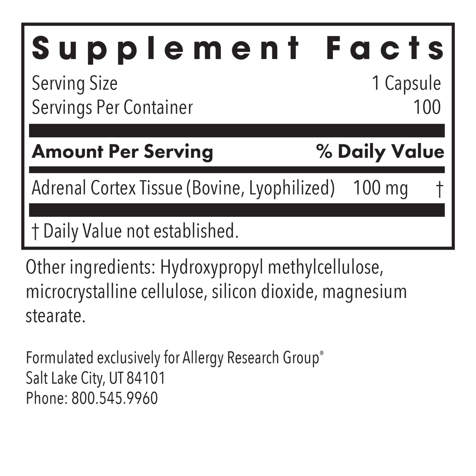 Allergy Research Group Adrenal Cortex capsules ready for daily immune and stress support.