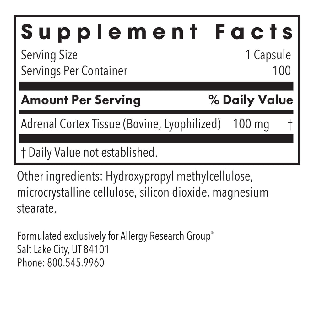 Allergy Research Group Adrenal Cortex capsules ready for daily immune and stress support.