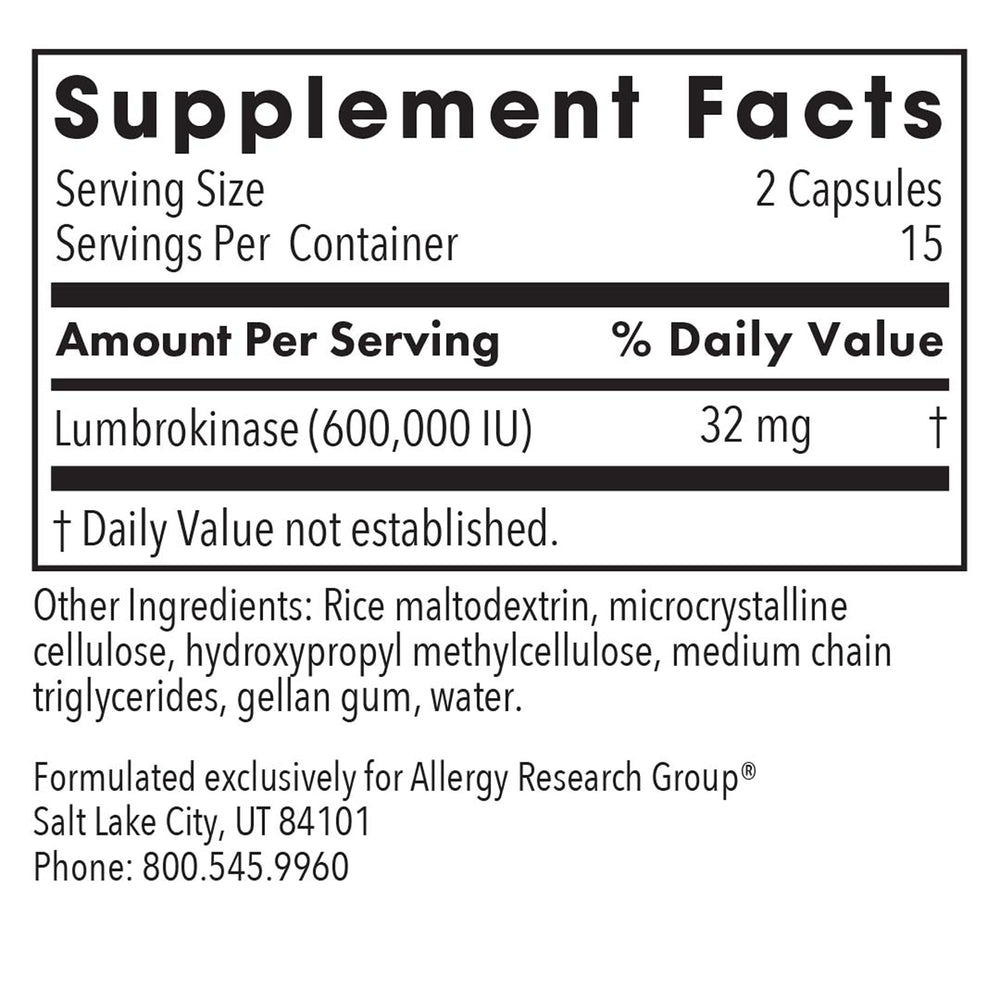 ARG Lumbrokinase capsules dispensed illustrate delayed-release delivery