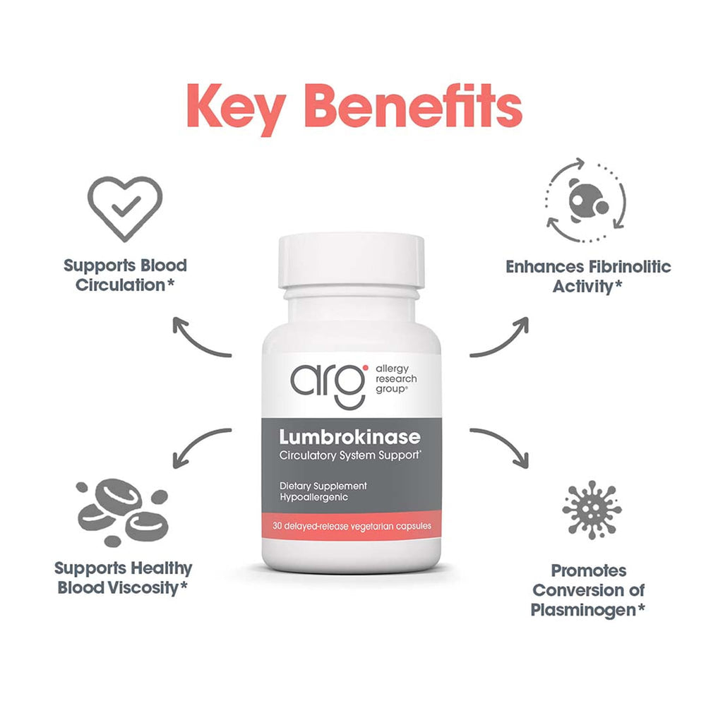 ARG Lumbrokinase label close-up highlighting gluten-free and allergen-safe formulation