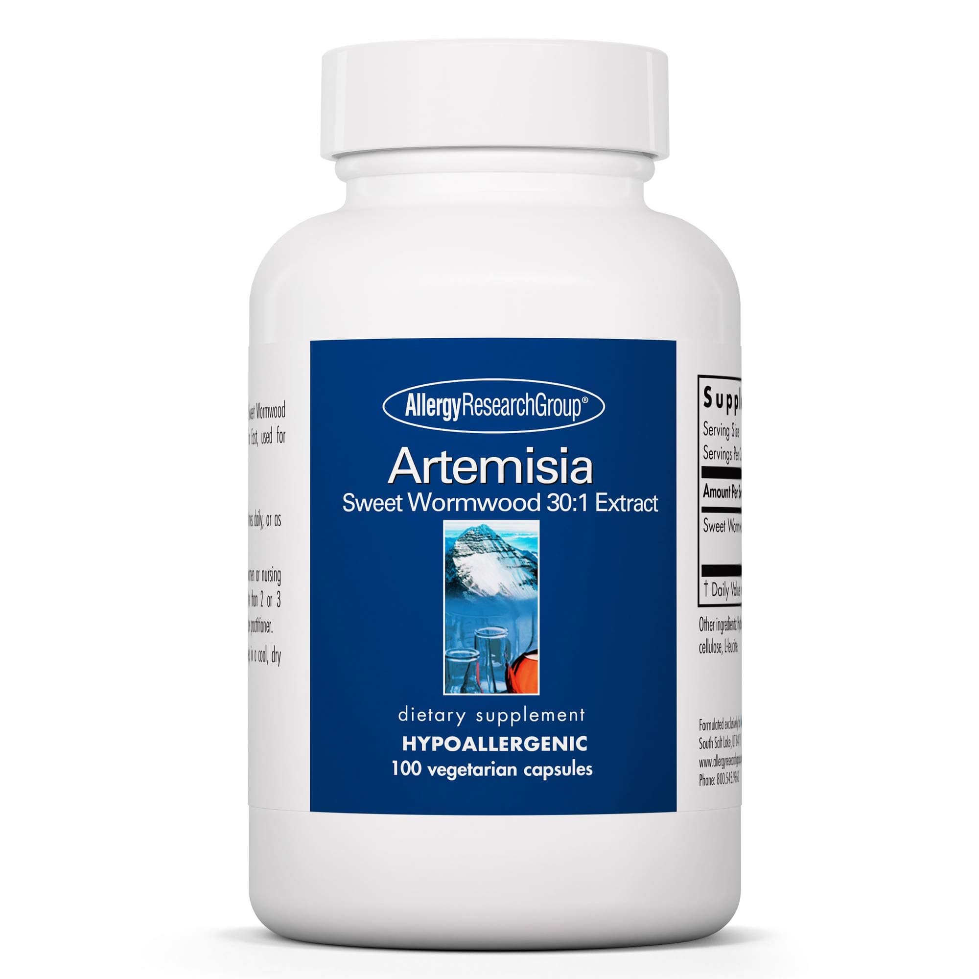Allergy Research Group Artemisia bottle shows hypoallergenic capsules for potential microbial balance