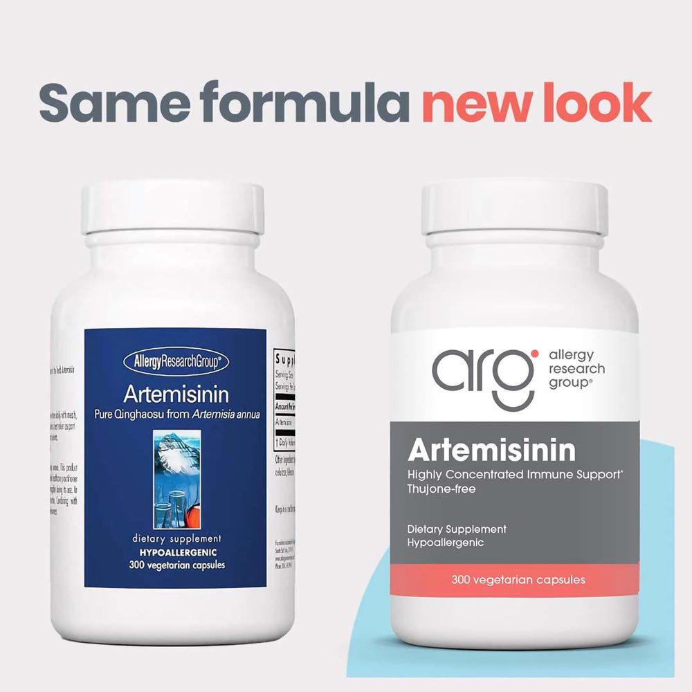 Allergy Research Group Artemisinin capsules label close-up highlighting thujone-free, gentle option