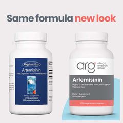 Allergy Research Group Artemisinin capsules label close-up highlighting thujone-free, gentle option