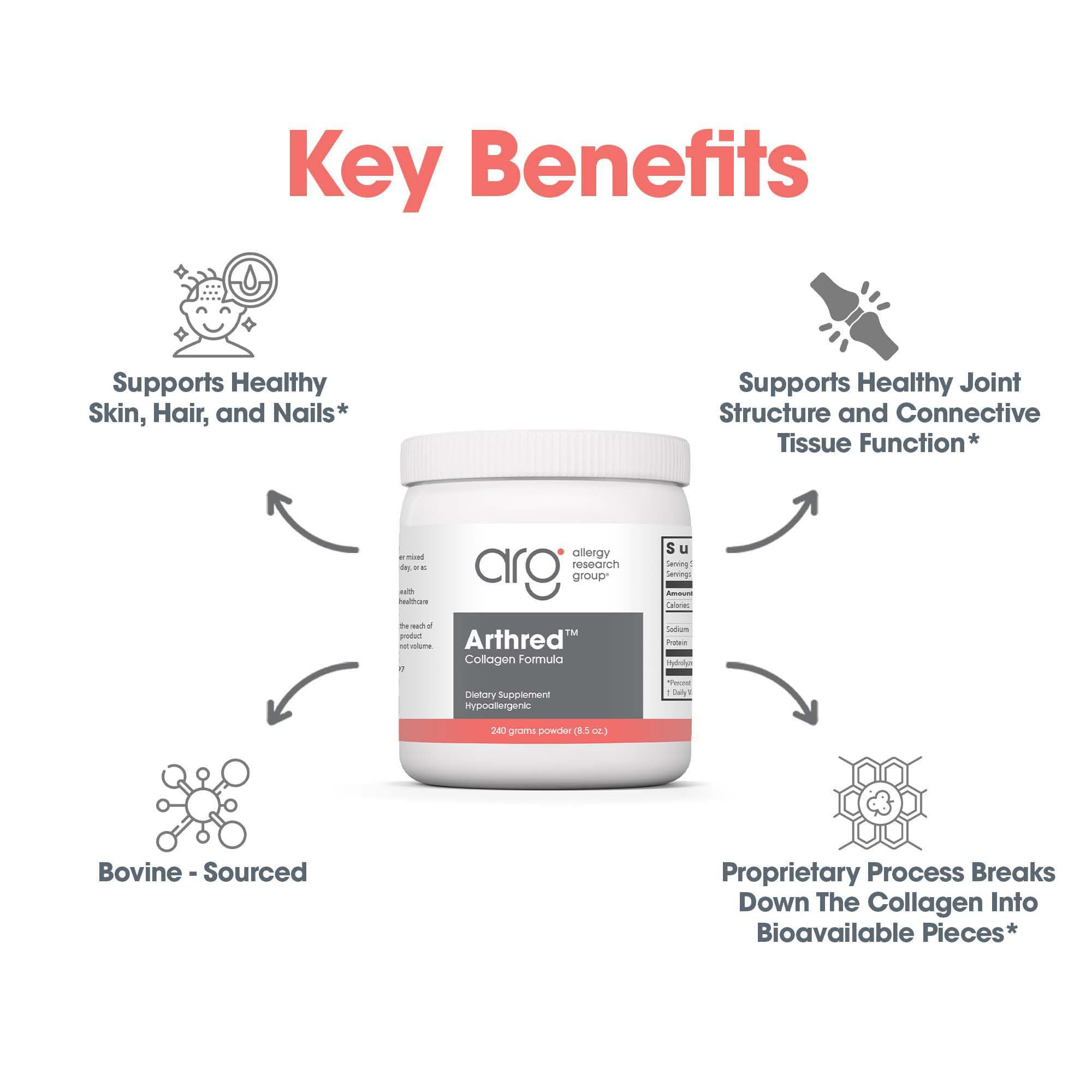 Close-up of Arthred label highlights hydrolyzed collagen and amino acids.