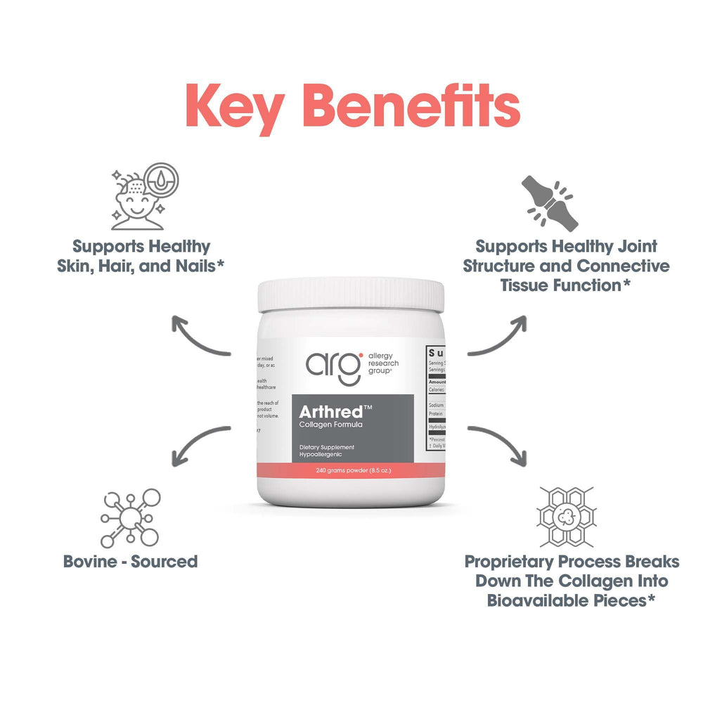 Close-up of Arthred label highlights hydrolyzed collagen and amino acids.