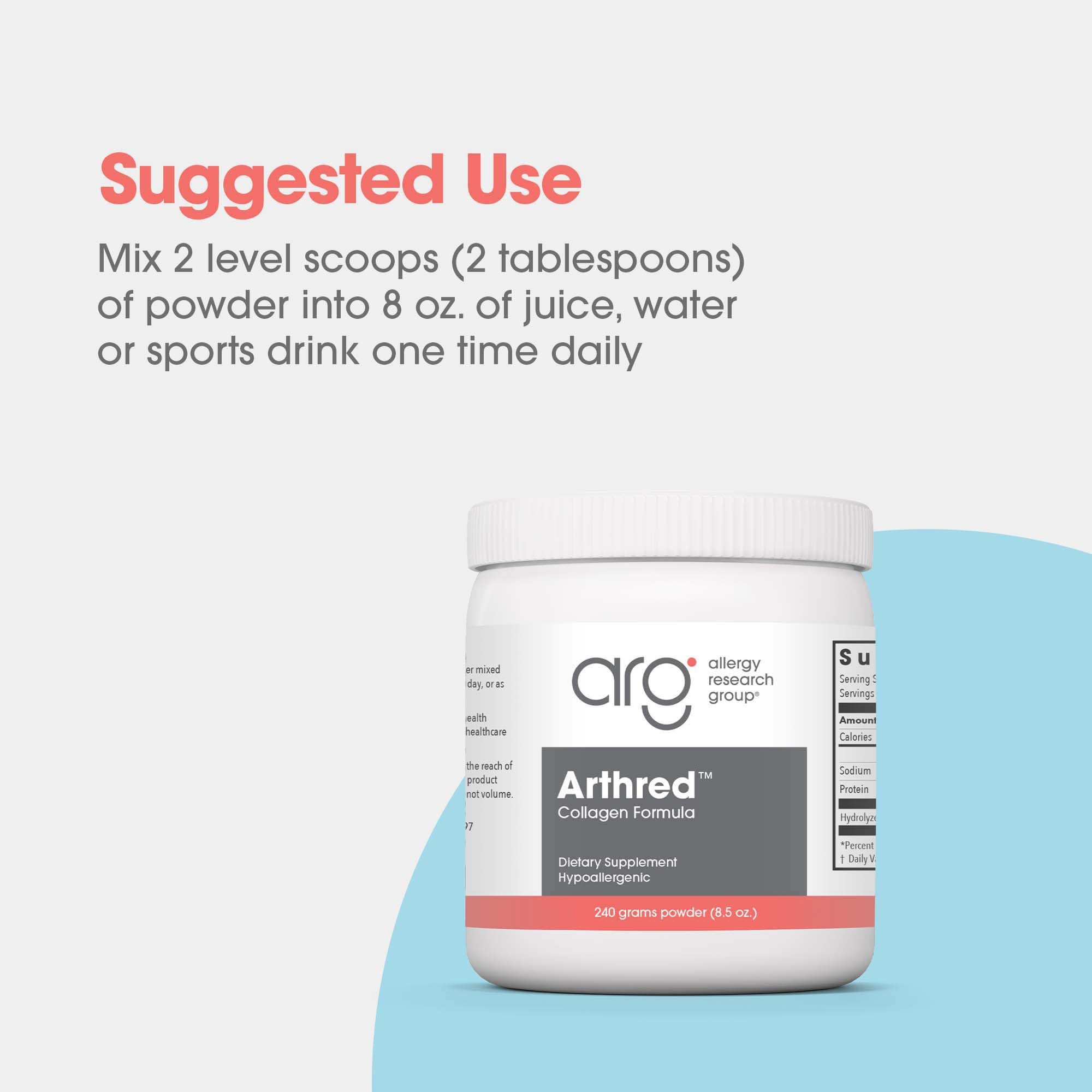 Nutrition panel on Arthred highlights collagen peptide profile and serving size.