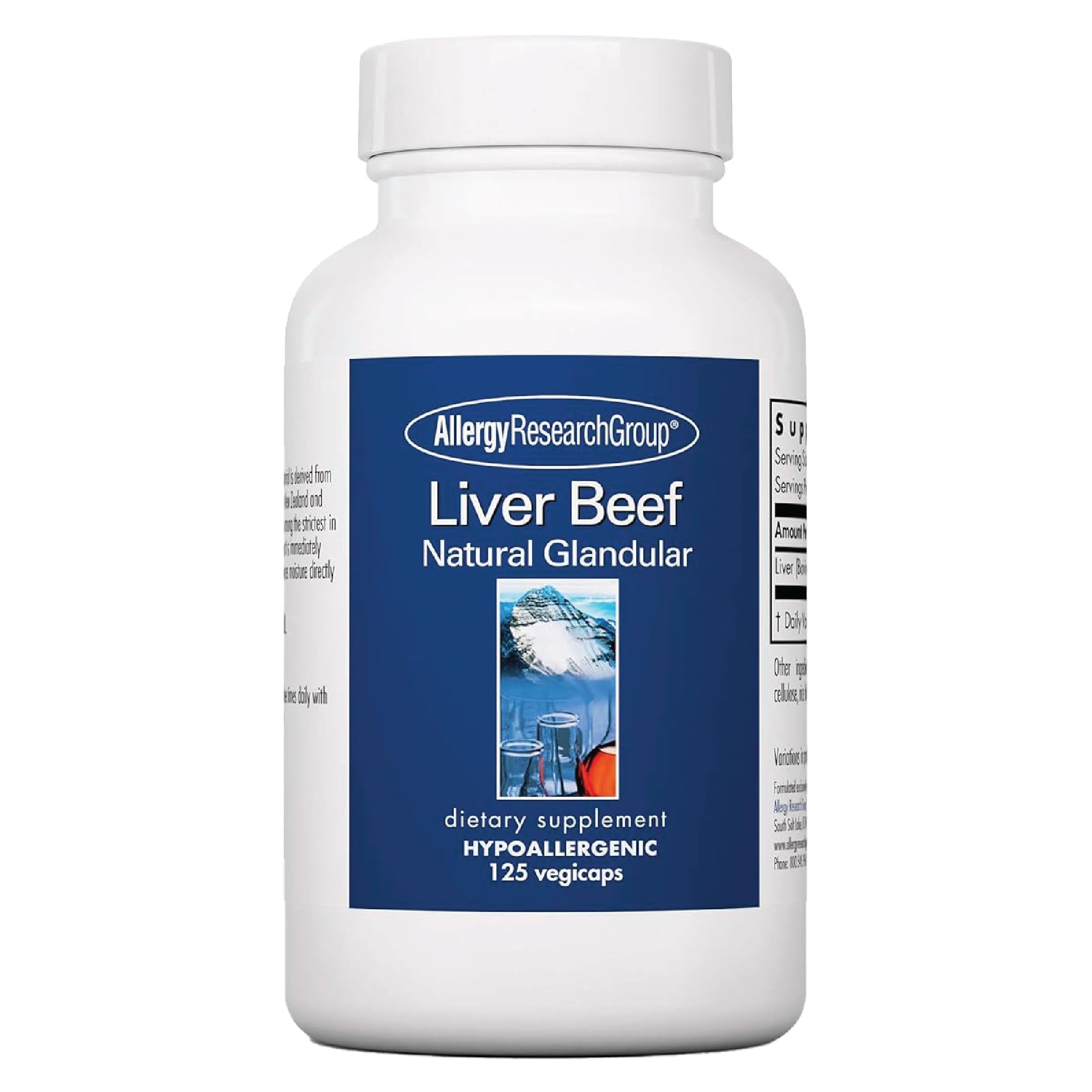 Allergy Research Group beef liver supplement bottle for daily nutrient support.