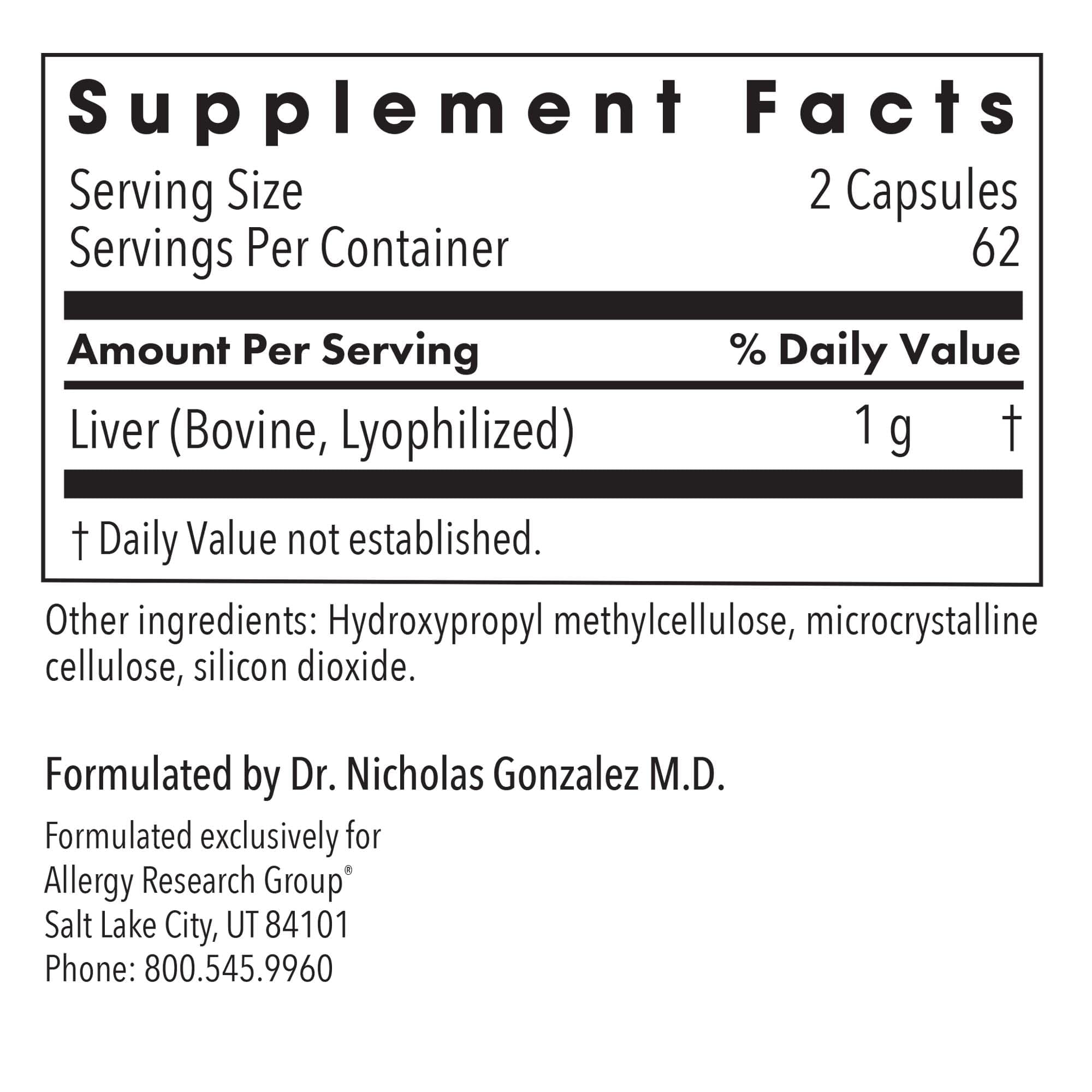 Allergy Research Group beef liver capsules for convenient nutrient intake.
