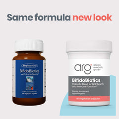 Allergy Research Group BifidoBiotics capsules close-up for gut balance.