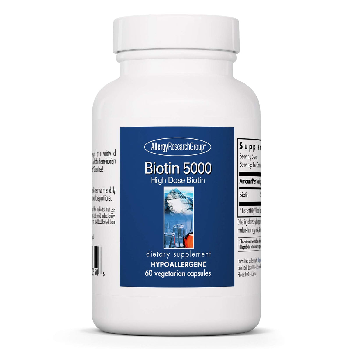 Allergy Research Group Biotin 5000mcg bottle label; high-dose hypoallergenic capsules for hair, skin, nails