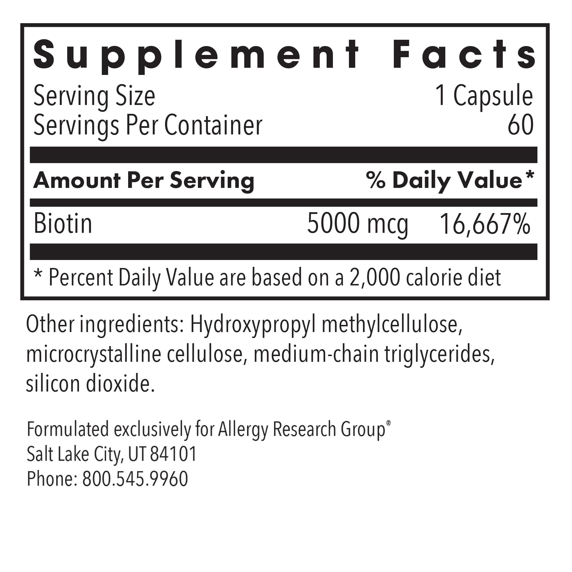 Allergy Research Group Biotin 5000mcg capsules closeup; supports metabolism and energy