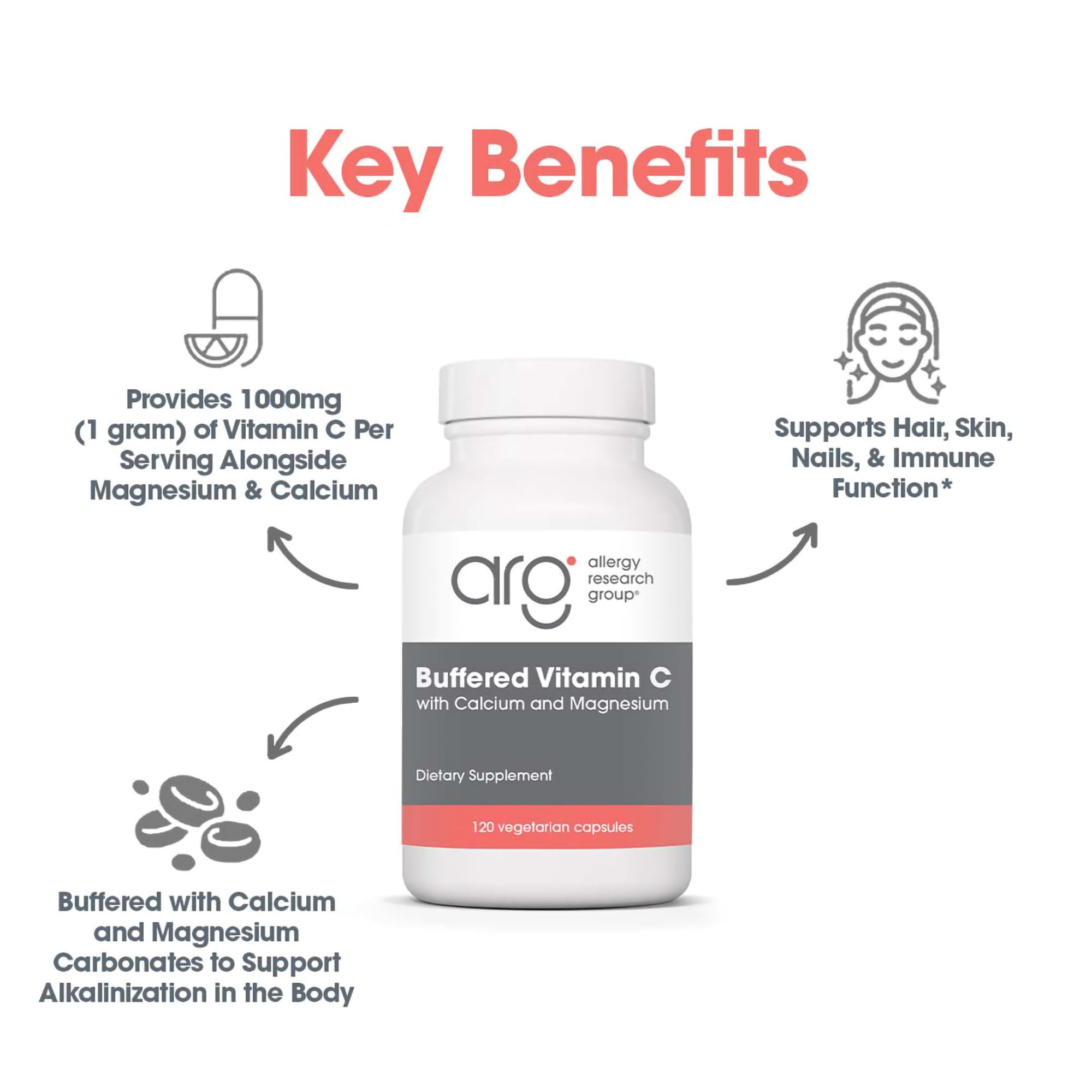 Allergy Research Group Vitamin C label detail highlights hypoallergenic, allergen-free formula