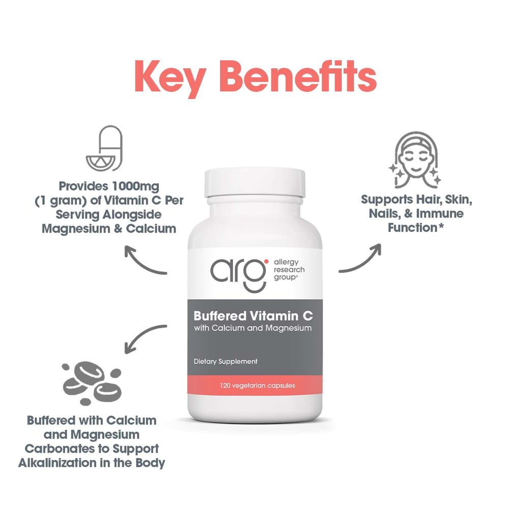 Allergy Research Group Vitamin C label detail highlights hypoallergenic, allergen-free formula