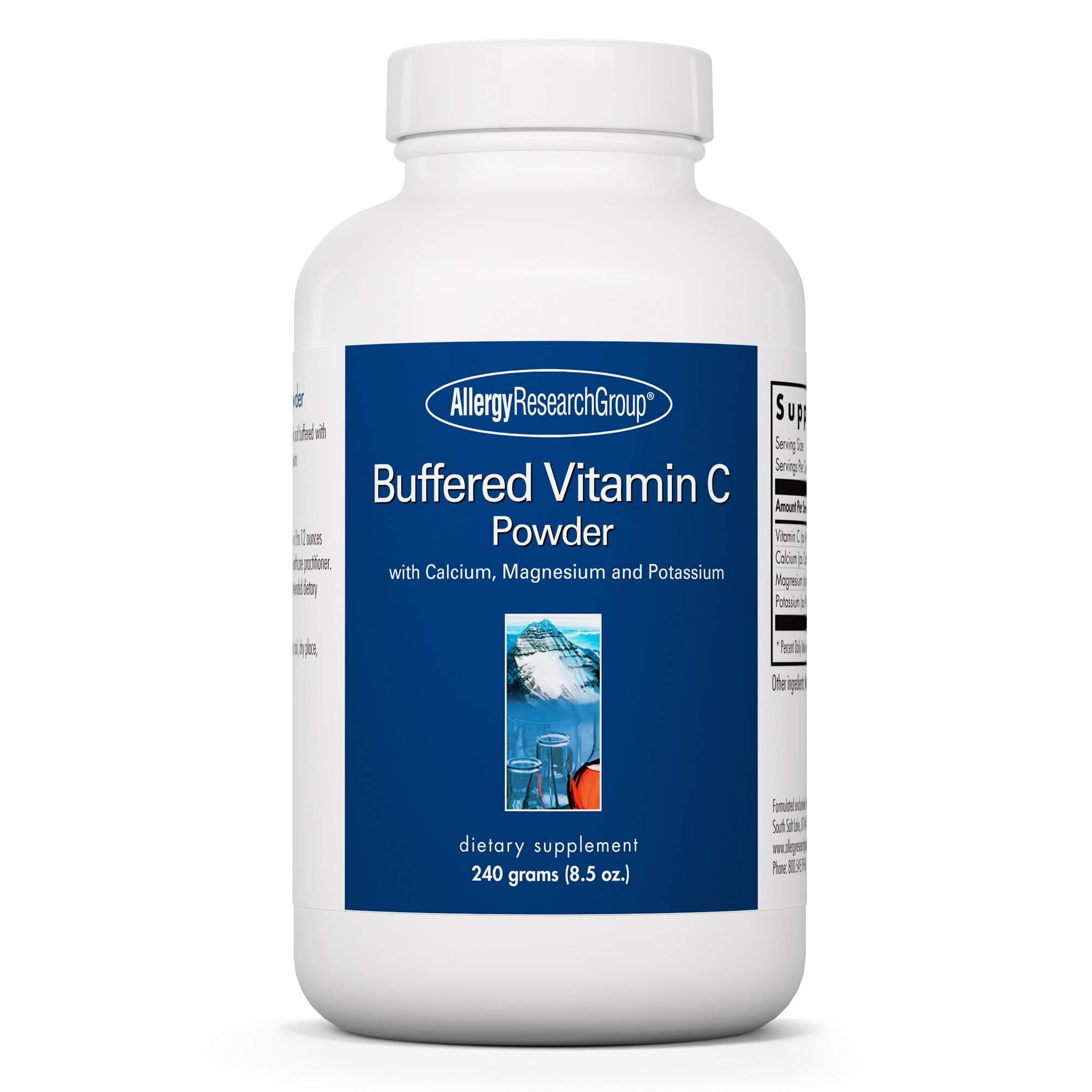 Allergy Research Group buffered vitamin C powder bottle for easy daily dosing.
