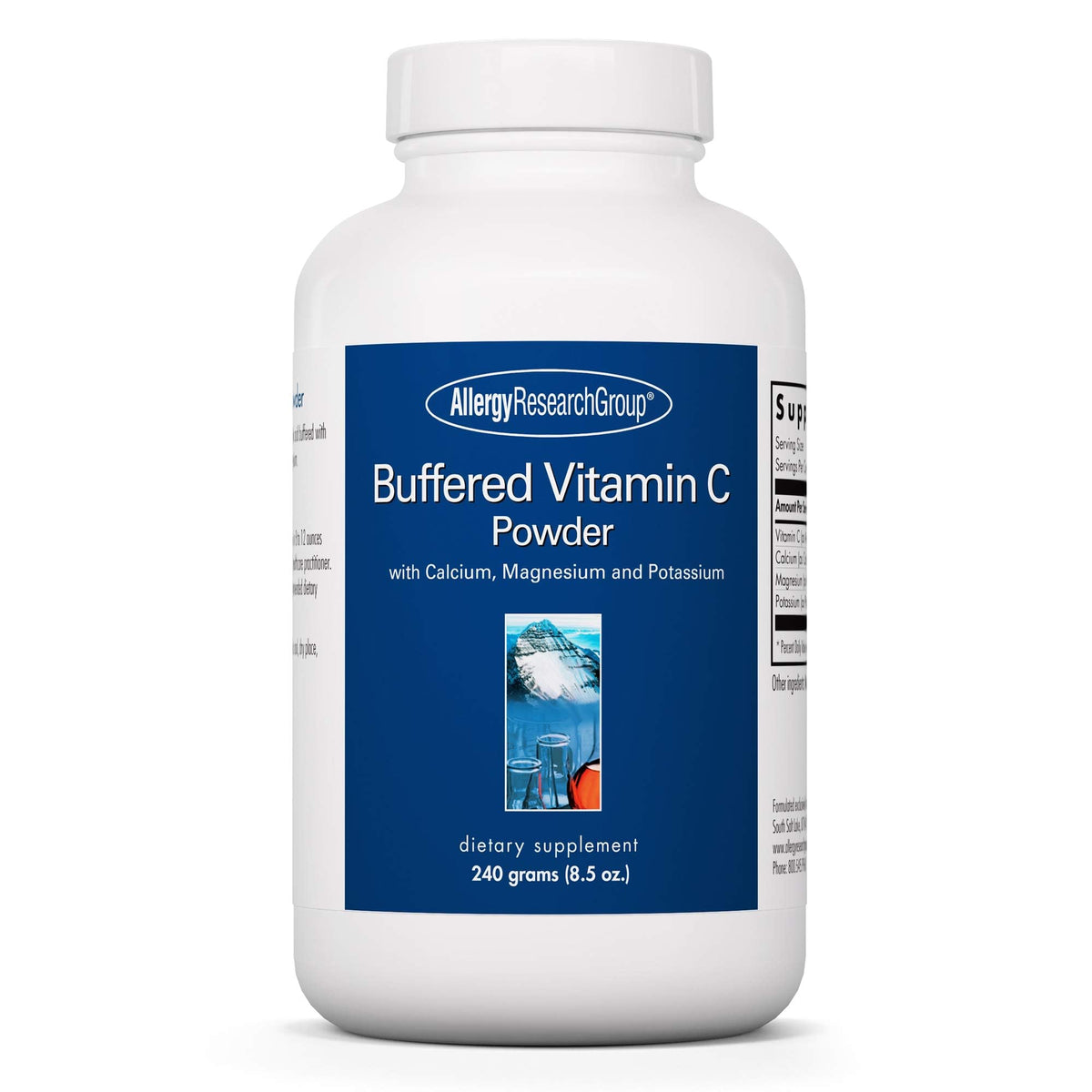 Allergy Research Group buffered vitamin C powder bottle for easy daily dosing.