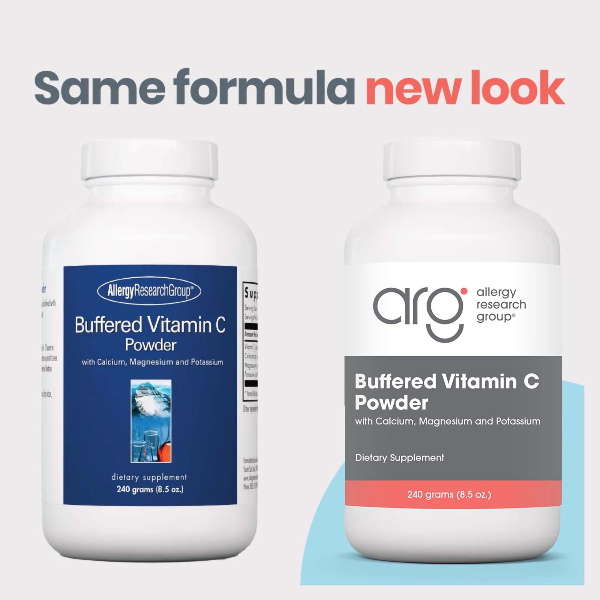 Allergy Research Group vitamin C powder label highlights gentle, hypoallergenic formula.