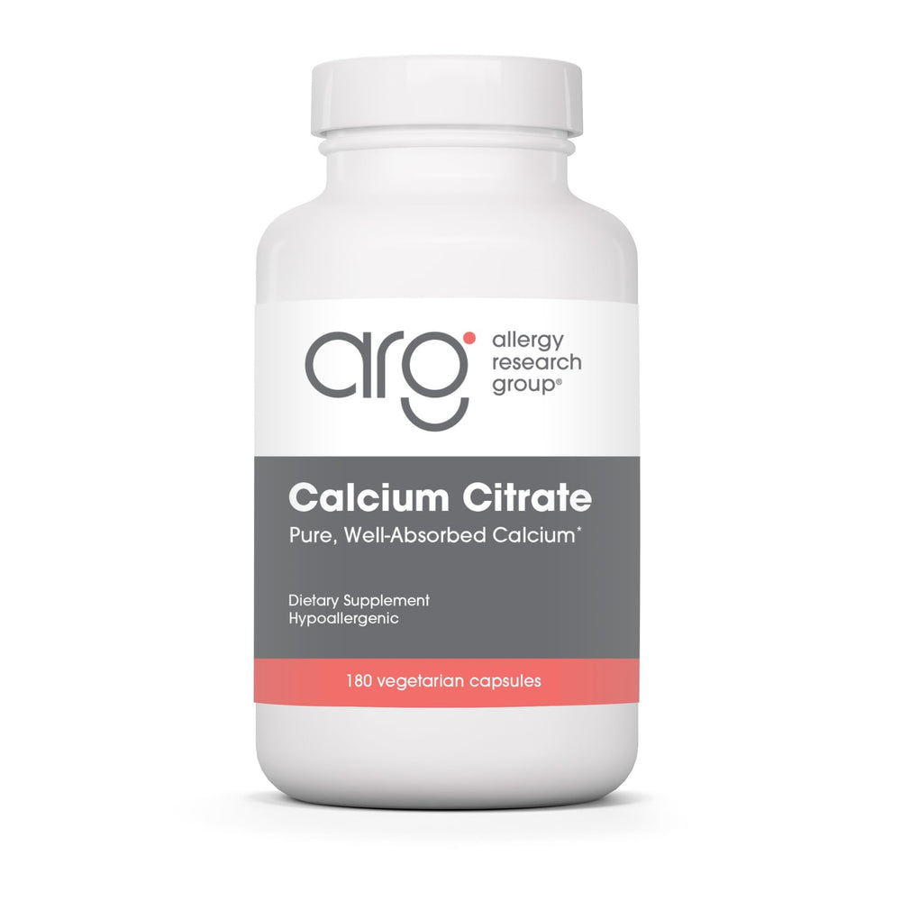 Allergy Research Group Calcium Citrate bottle highlighting well-absorbed calcium for bone support.