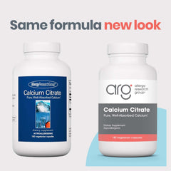 Allergy Research Group Calcium Citrate capsules closeup showing easy-to-swallow vegetarian formula.