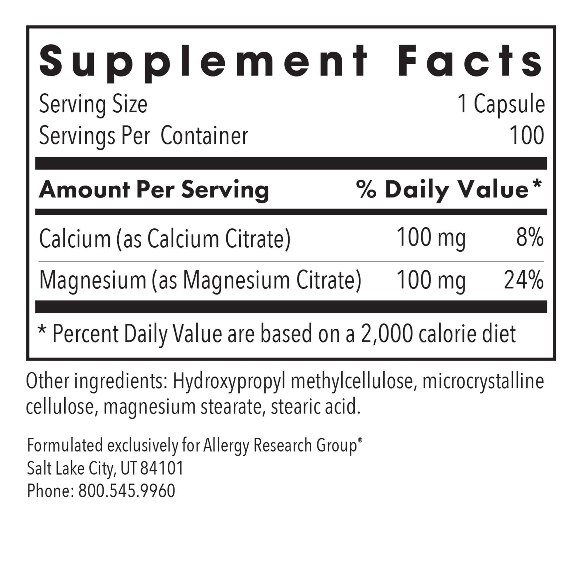 Allergy Research Group label highlights calcium citrate and magnesium citrate purity.