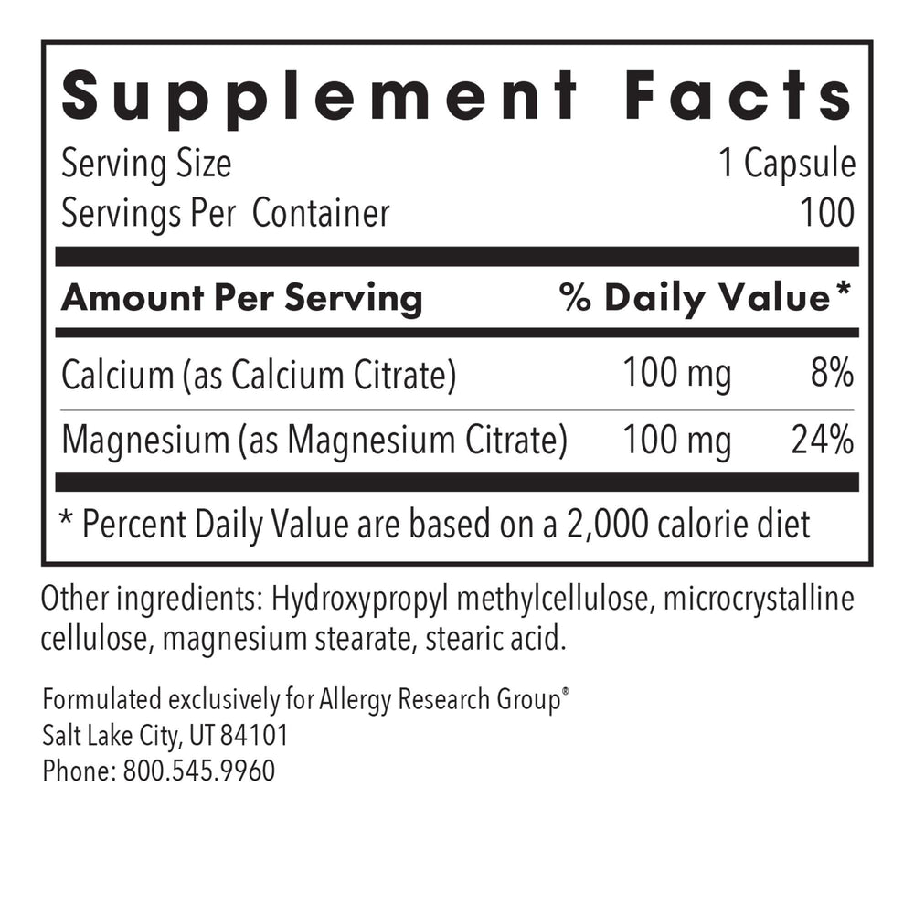 Allergy Research Group label highlights calcium citrate and magnesium citrate purity.