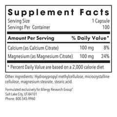 Allergy Research Group label highlights calcium citrate and magnesium citrate purity.