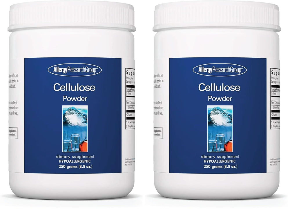 Allergy Research Group cellulose powder bottle close-up showing insoluble fiber support for digestion