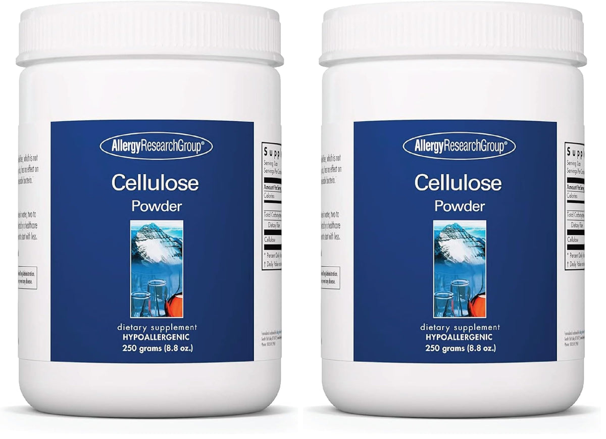 Allergy Research Group cellulose powder bottle close-up showing insoluble fiber support for digestion