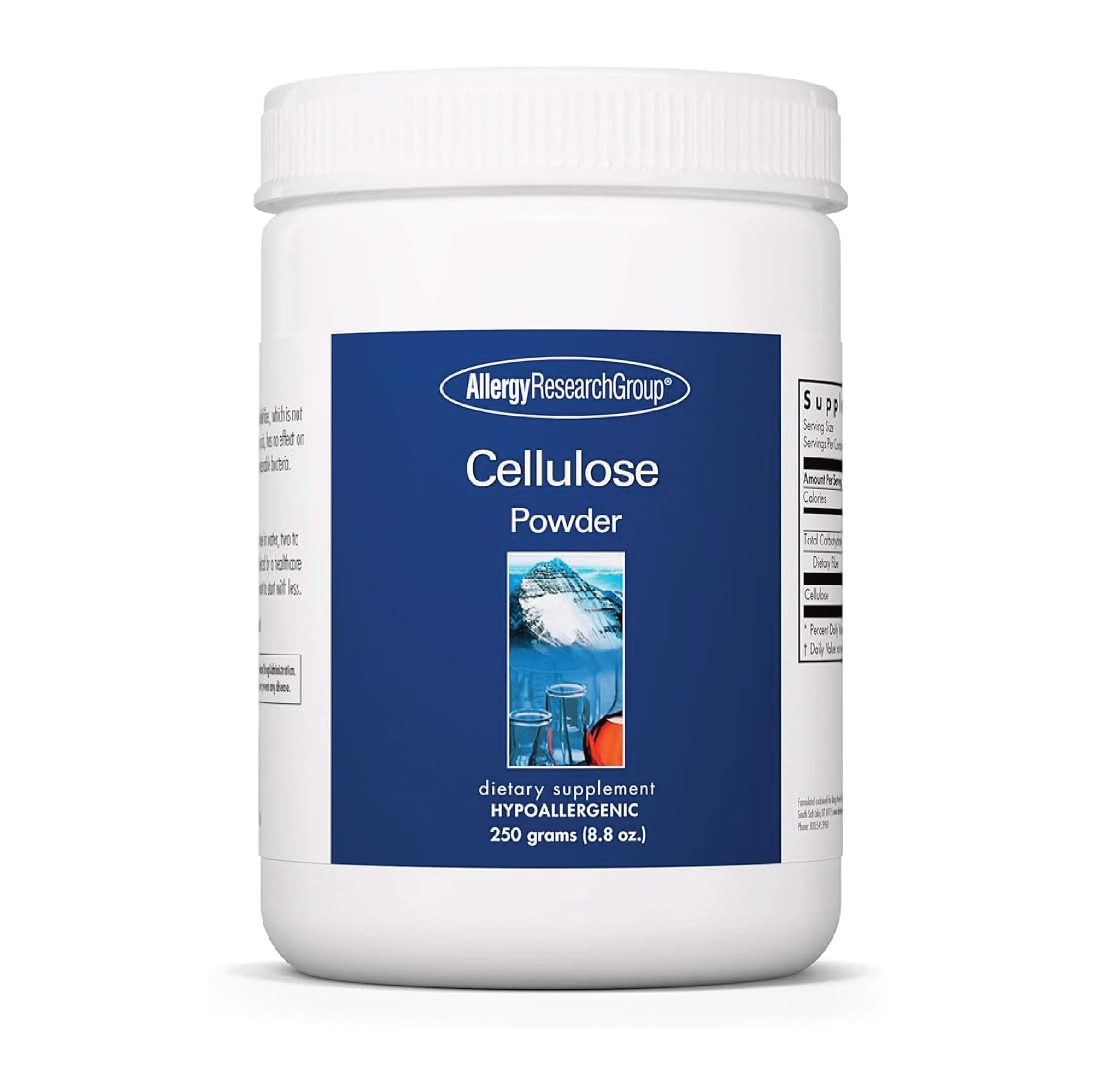Allergy Research Group cellulose powder bottle on shelf, hypoallergenic, high-fiber formula.