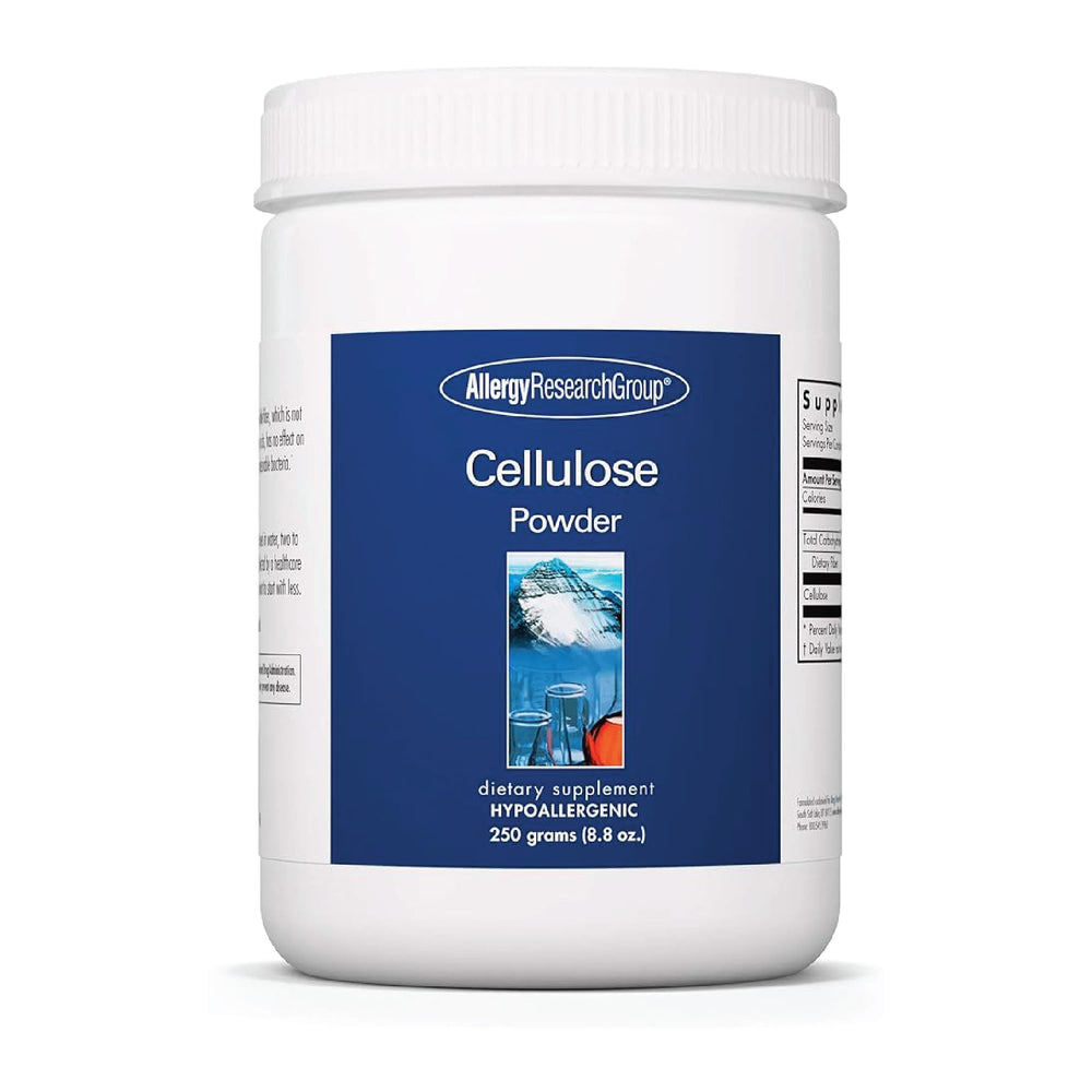 Allergy Research Group cellulose powder bottle on shelf, hypoallergenic, high-fiber formula.