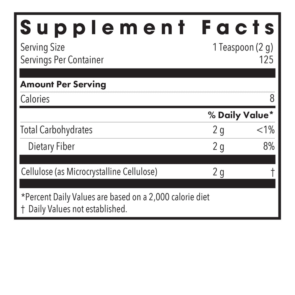 Spoon with Allergy Research Group cellulose powder and water illustrating easy suggested-use