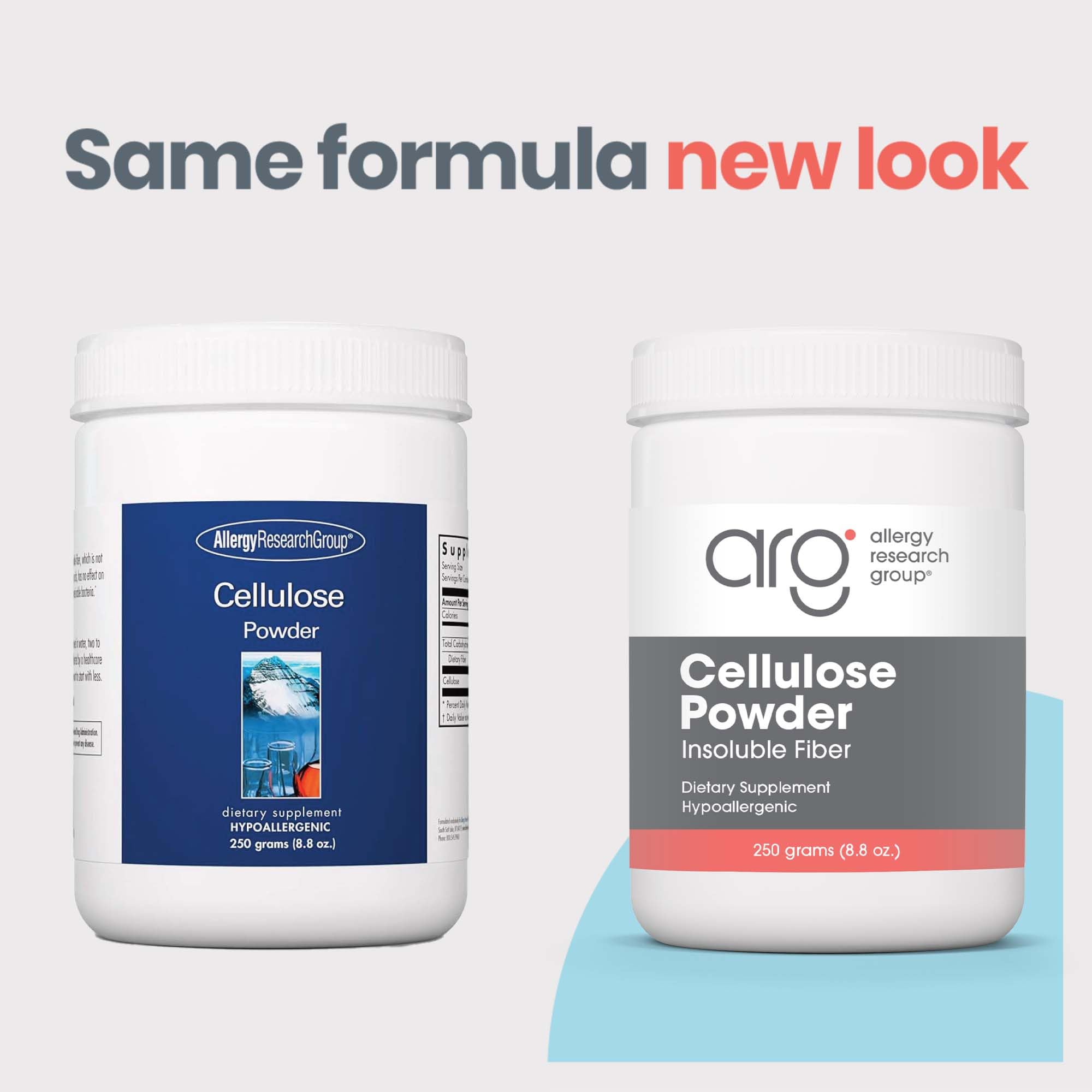 Allergy Research Group cellulose powder package front highlighting hypoallergenic, doctor-developed formula