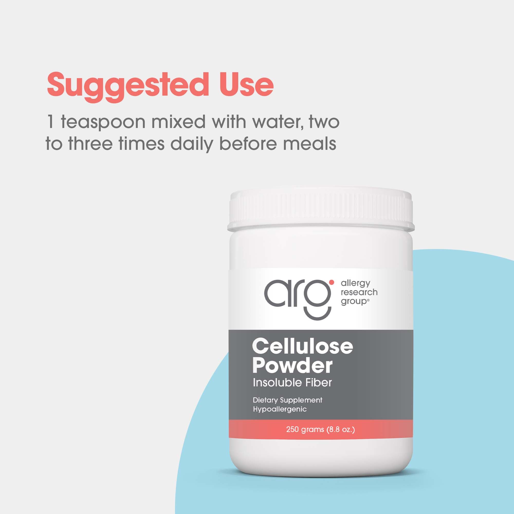 8.8 oz pack of Allergy Research Group cellulose powder on a kitchen counter
