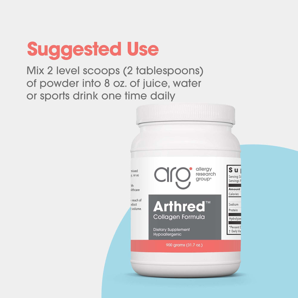 Allergy Research Group collagen powder on kitchen countertop as part of daily wellness routine.