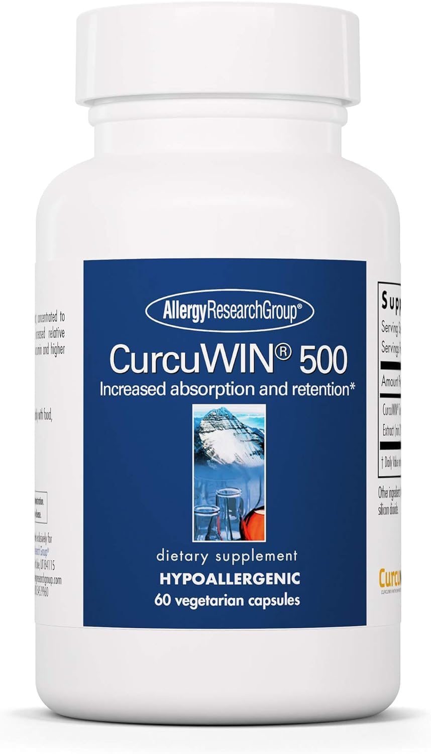 Allergy Research Group CurcuWIN 500 bottle cap close-up for easy daily use.