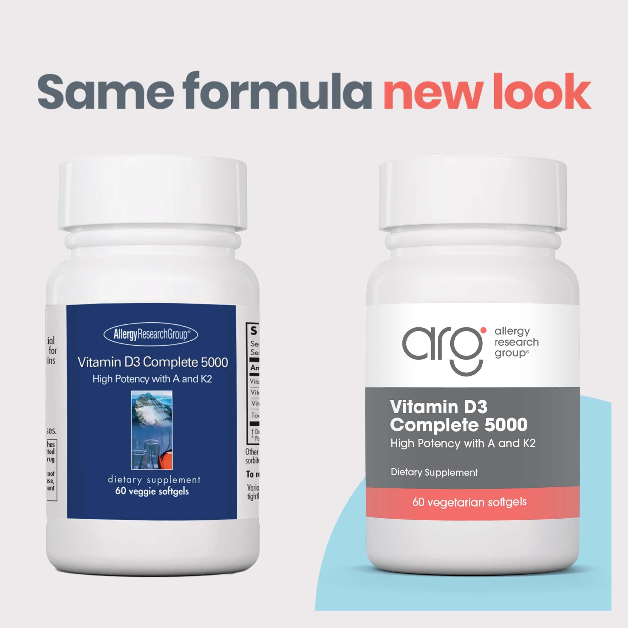 Allergy Research Group D3 Complete ingredients label highlights vitamin A, D3, K2 and tocotrienols