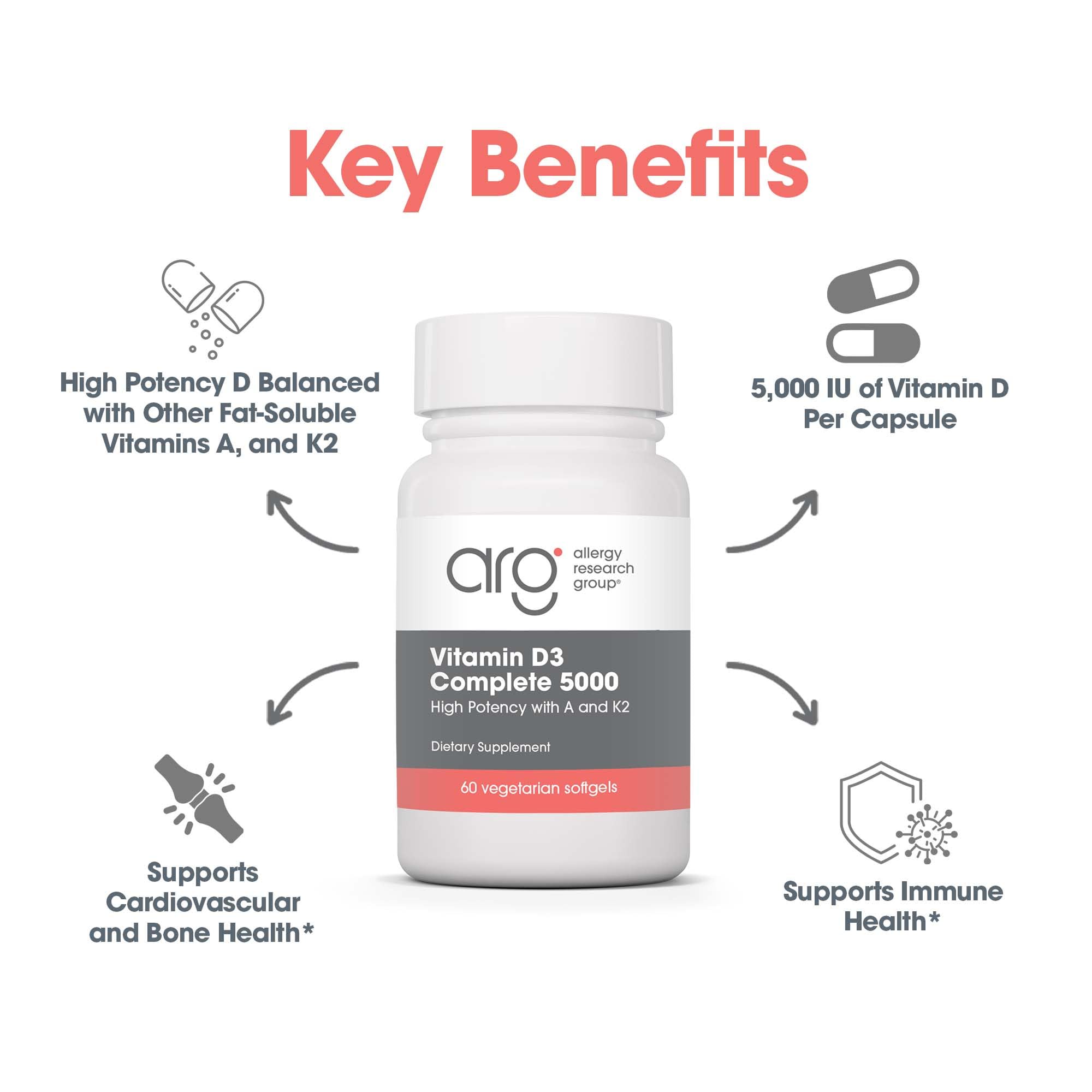 Allergy Research Group vitamin D3 Complete capsule close-up illustrates oil-based delivery