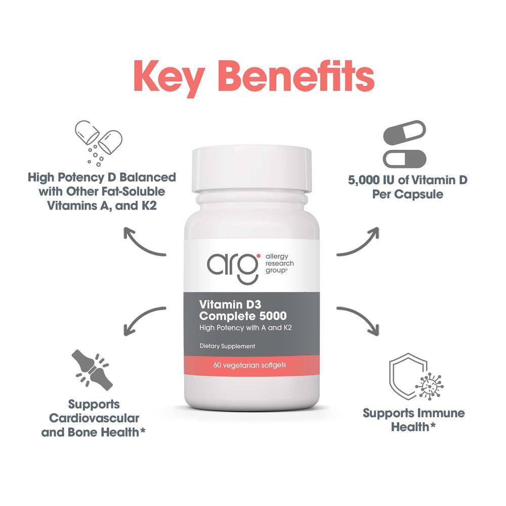 Allergy Research Group vitamin D3 Complete capsule close-up illustrates oil-based delivery