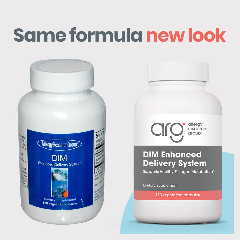 Allergy Research Group DIM Enhanced Delivery bottle label details highlighting BioResponse DIM advantage