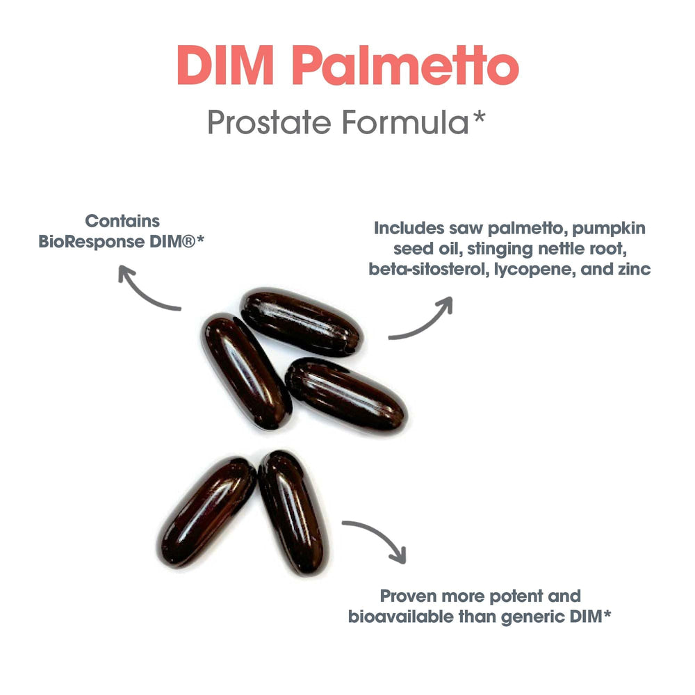 Bottle with saw palmetto imagery illustrating the product’s focus on men’s health.