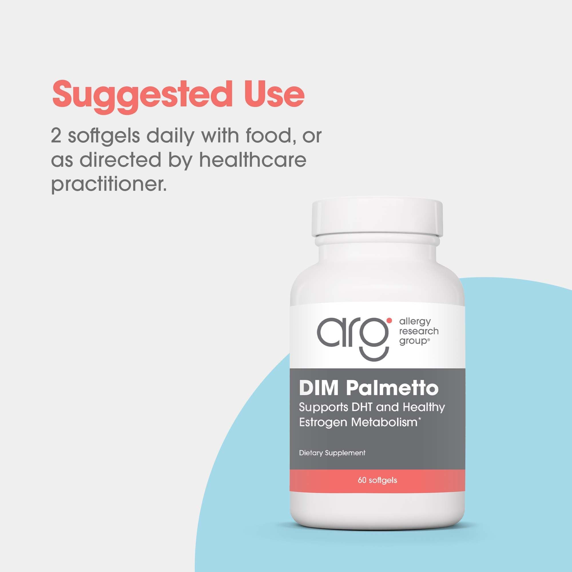Box packaging of Allergy Research Group DIM Palmetto softgels for professional-grade use.