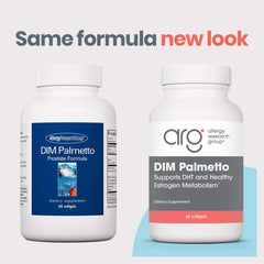 DIM Palmetto softgels capsules visible inside the bottle for daily intake.