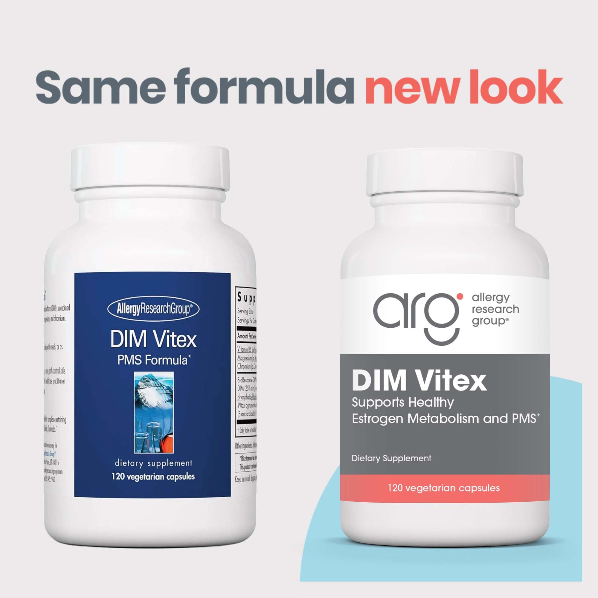 Allergy Research Group DIM-VITEX capsules close-up highlighting vegetarian, hypoallergenic formulation.