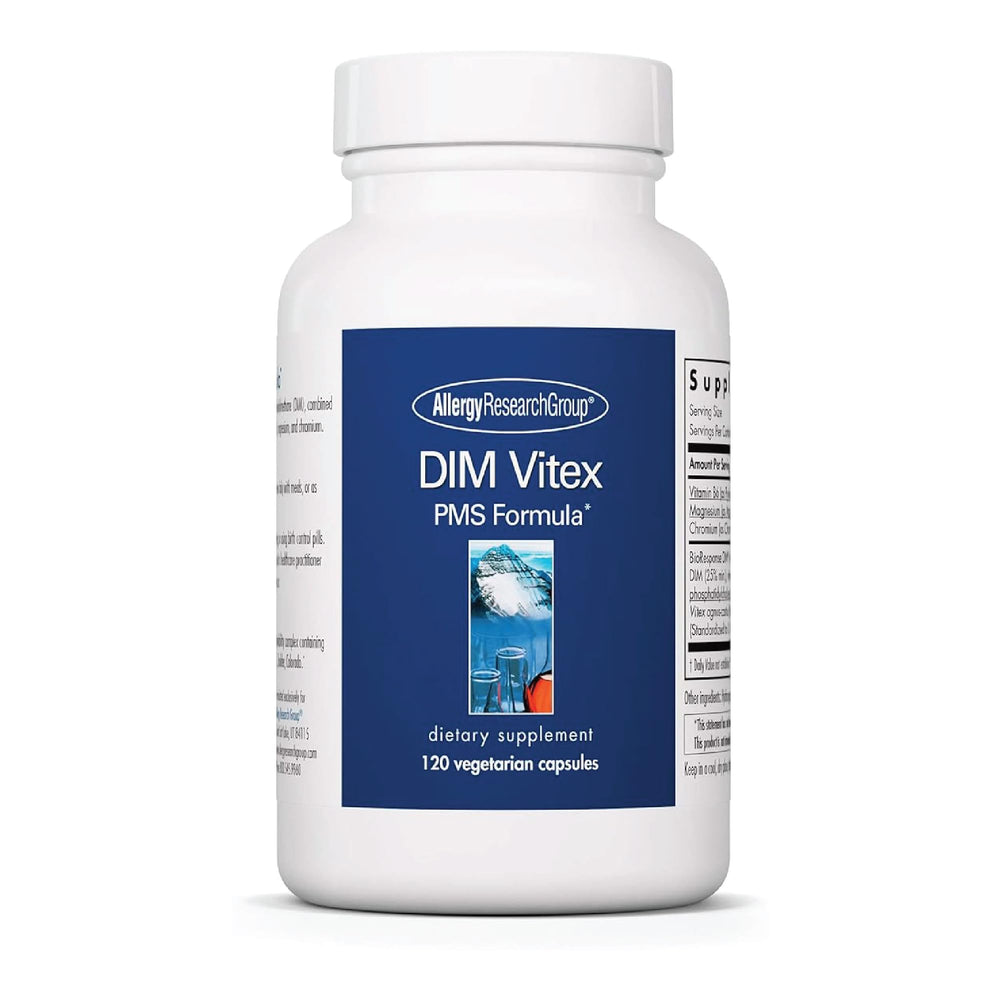 Allergy Research Group bottle with DIM-VITEX supplement promoting hormonal balance.