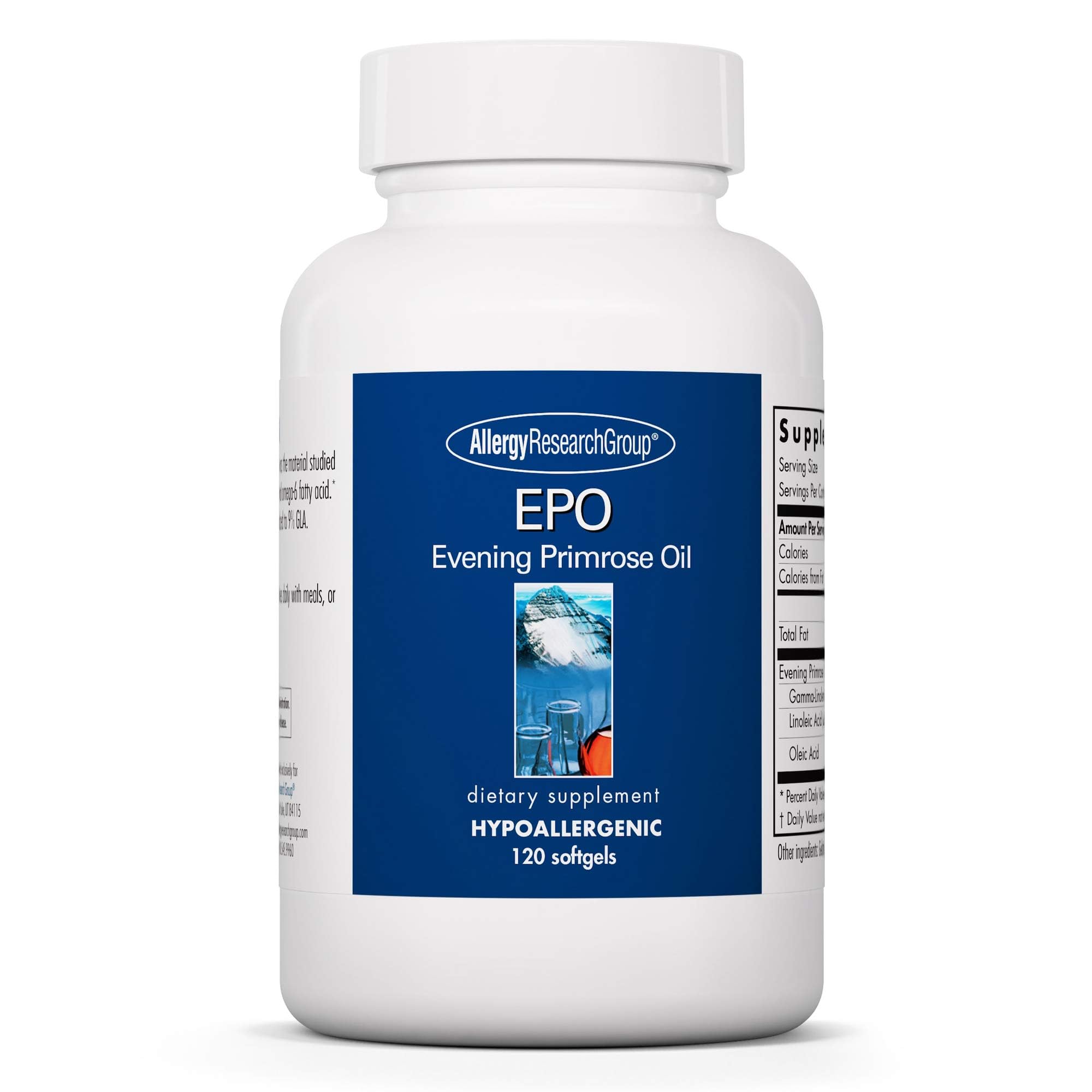 Allergy Research Group EPO bottle front with softgel capsules supporting skin and eye moisture