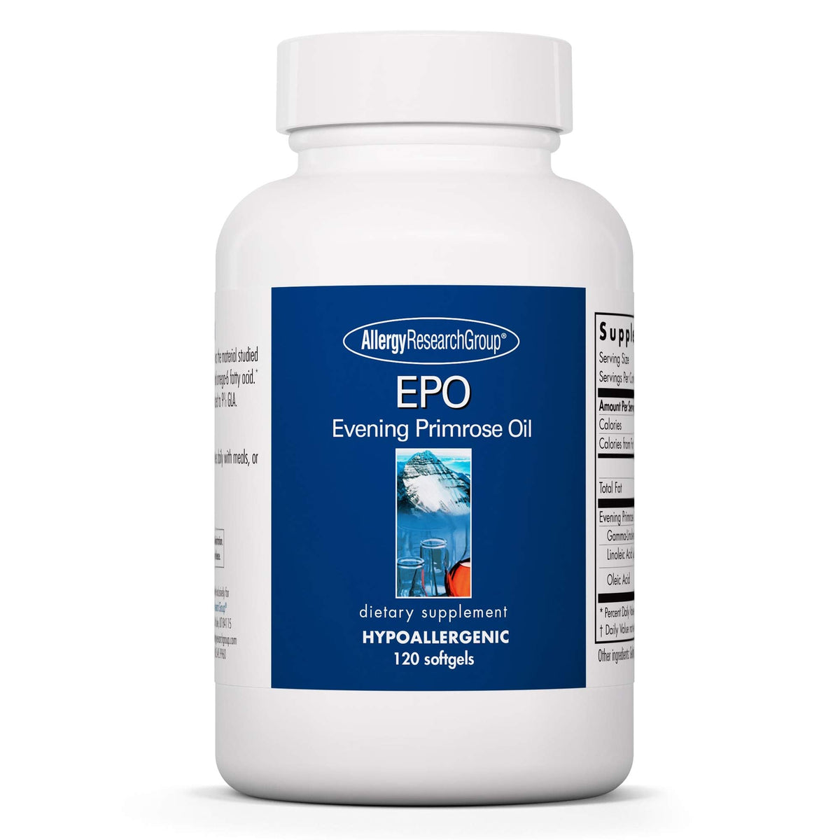Allergy Research Group EPO bottle front with softgel capsules supporting skin and eye moisture