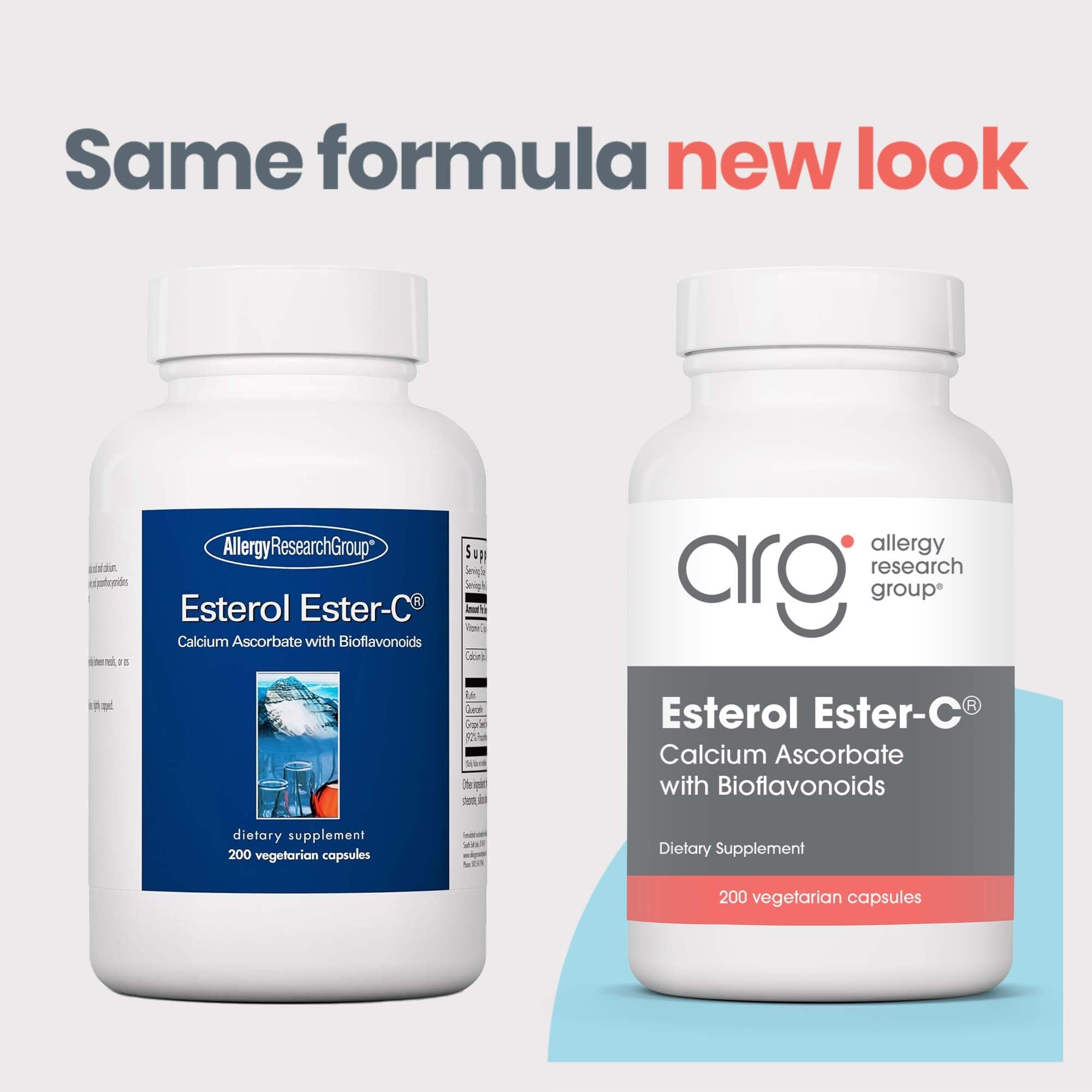 Allergy Research Group Esterol label closeup highlights calcium ascorbate form and bioflavonoids.